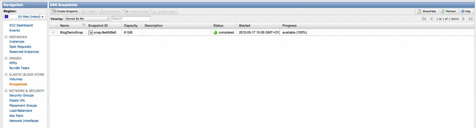 AWS snapshots page screenshot